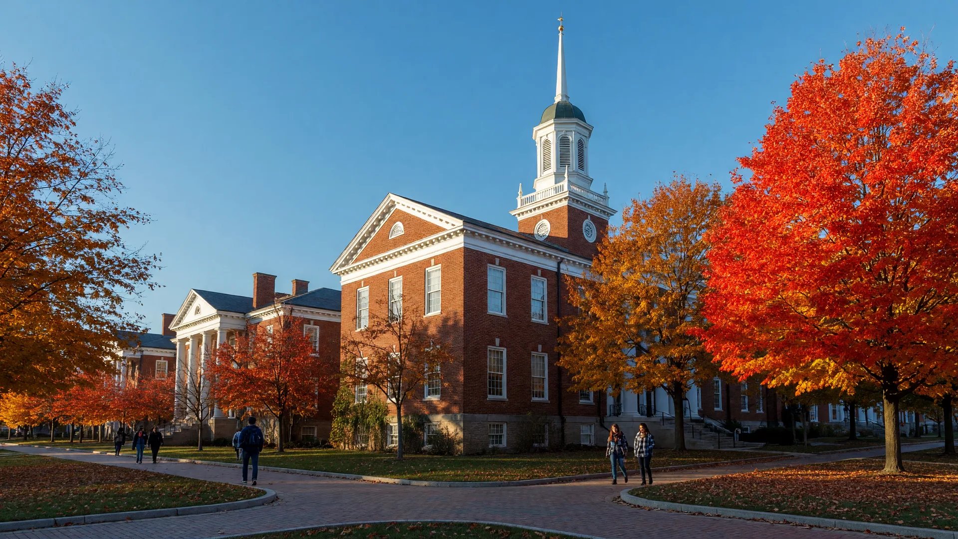 Red brick academic buildings with a landmark cupola and autumn trees on the Miami University campus in Oxford Ohio