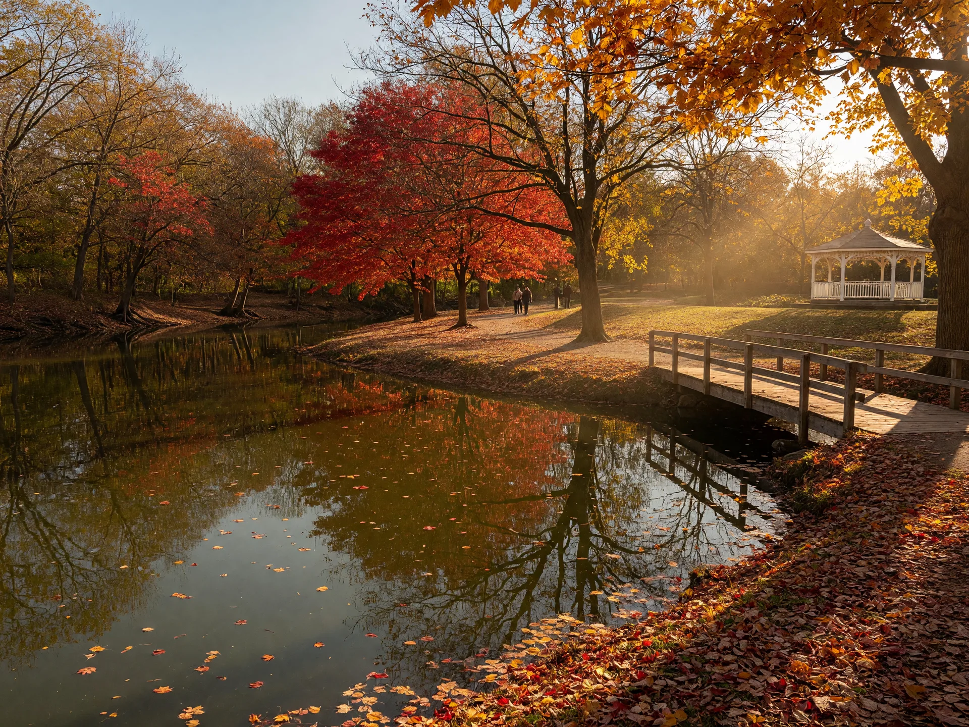 Edgewood Park in New Haven with a pond reflecting autumn maples along the West River on a golden afternoon
