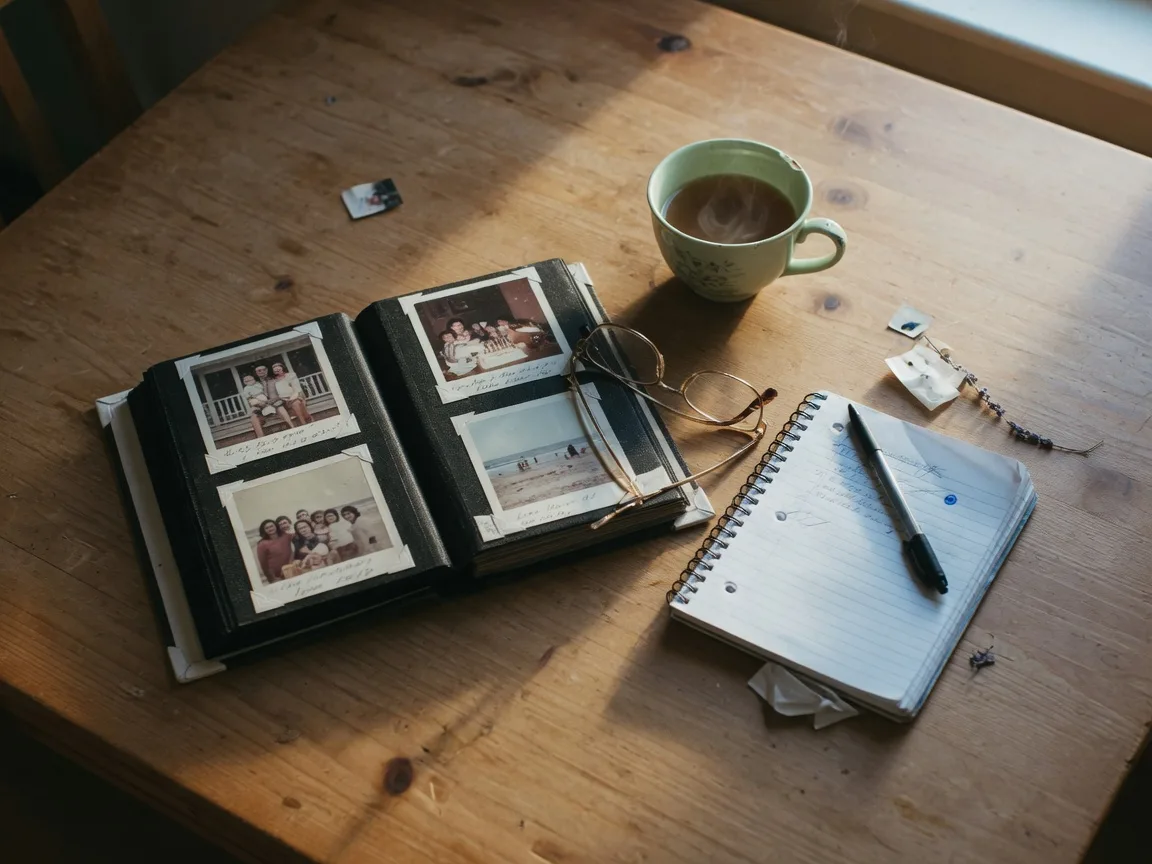 A kitchen table with a cup of tea, reading glasses, a family photo album, and a notebook