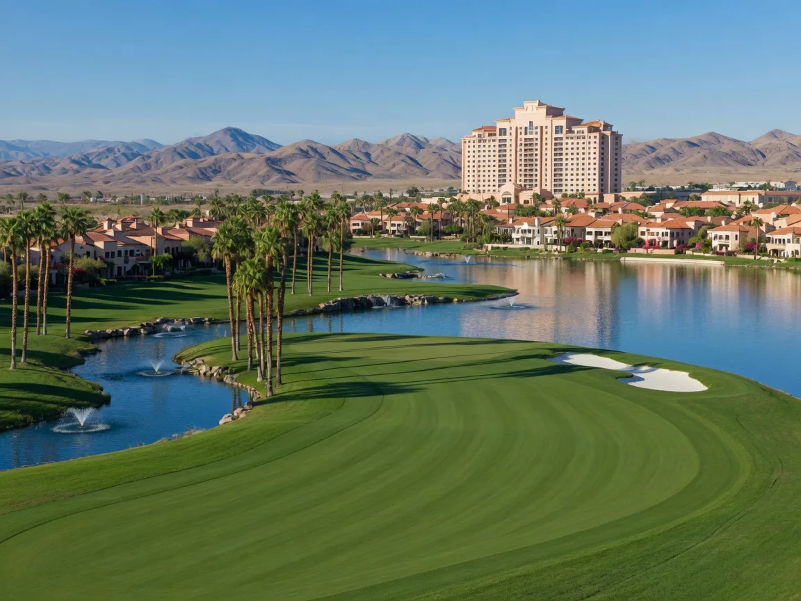 Championship golf course at Lake Las Vegas with palm-lined fairways curving toward the lake and desert mountains beyond