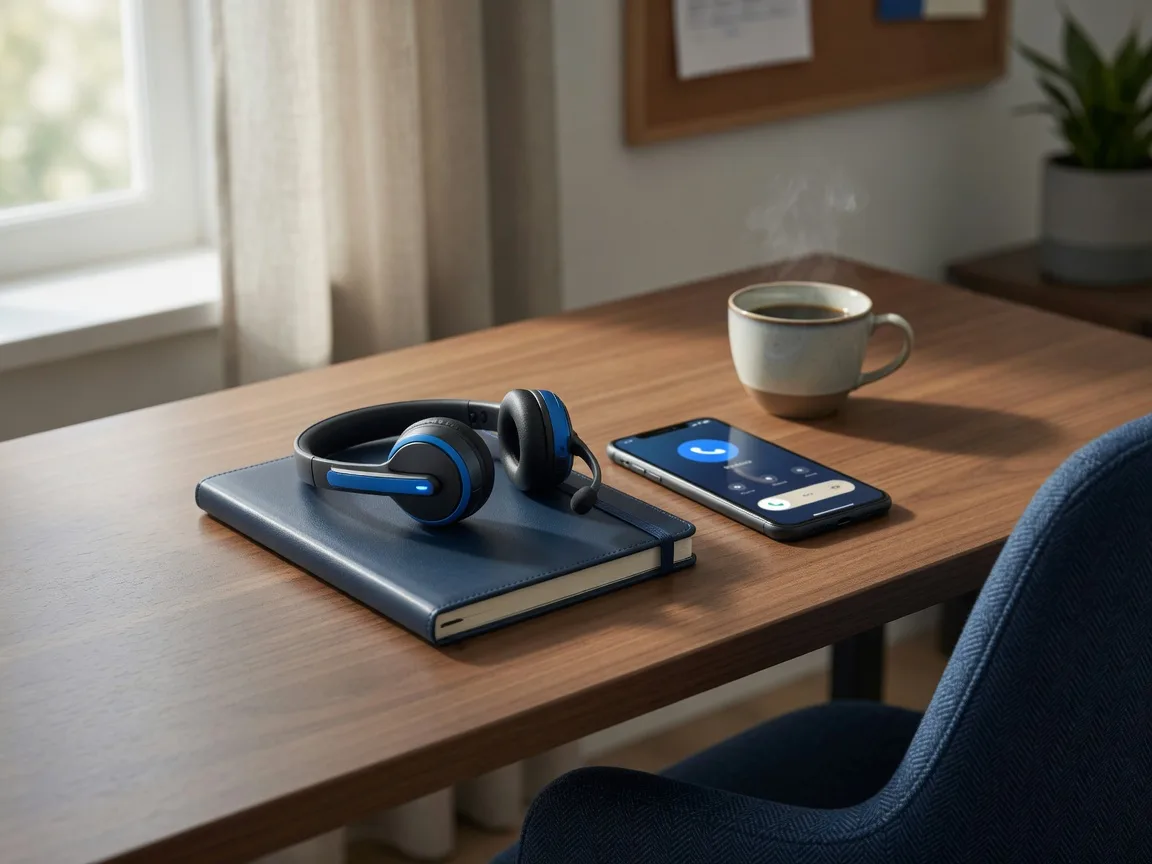 A headset and notebook on a tidy inside sales desk