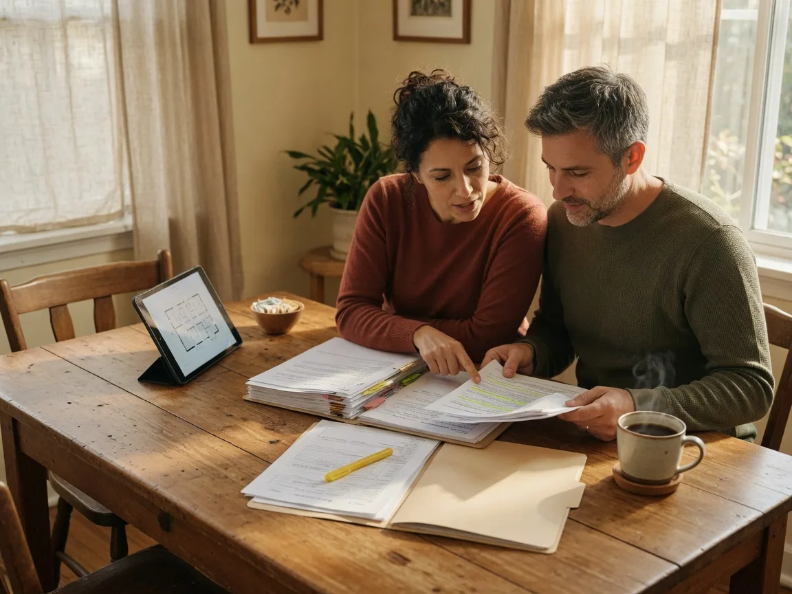 A couple reviewing important documents together at a table, planning their next move with confidence