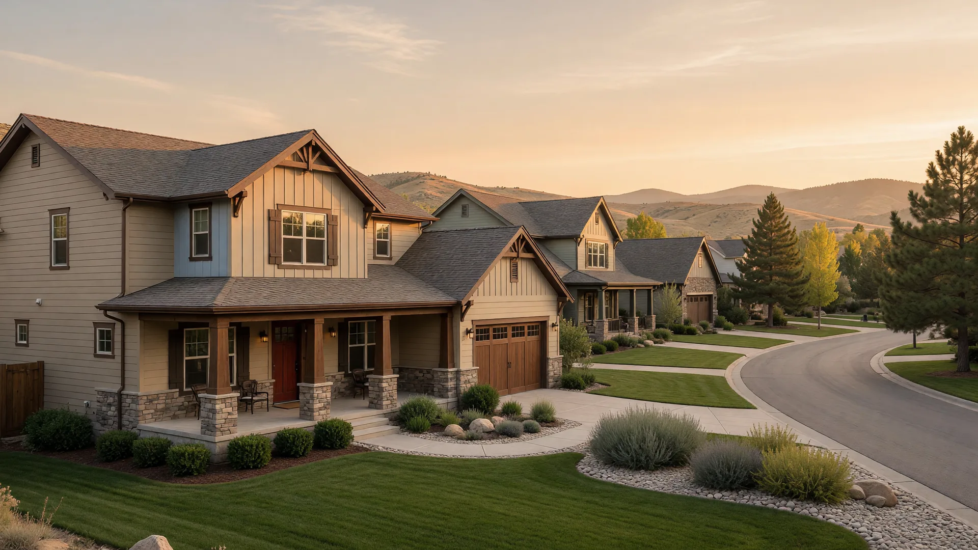 An upscale Treasure Valley neighborhood street at golden hour, with a craftsman home featuring stone and wood accents on a manicured lot and the Boise foothills in the distance