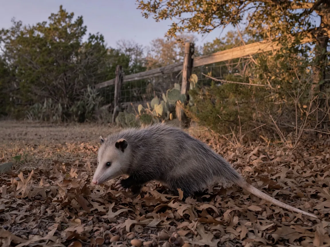 A Virginia opossum shuffling through leaf litter at the edge of a Hill Country yard at twilight.