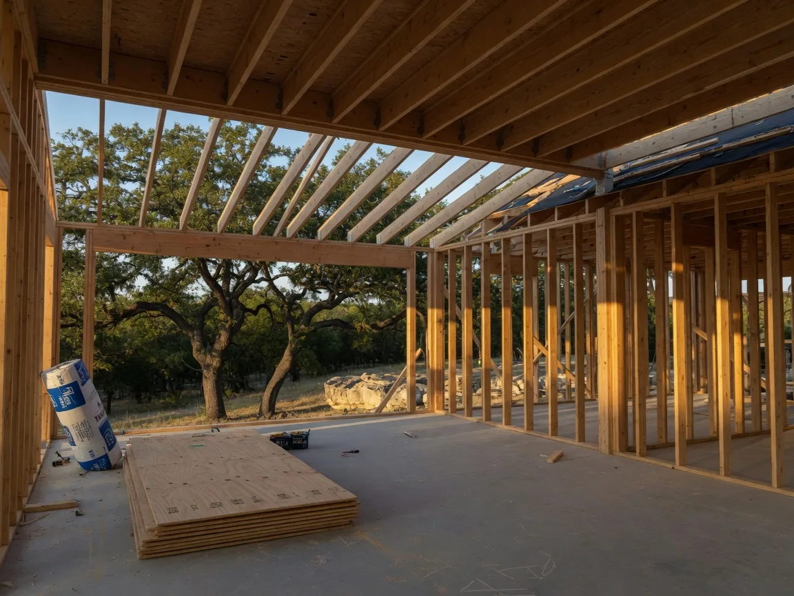 Timber framing under a partially roofed Hill Country home with late afternoon light across the lumber
