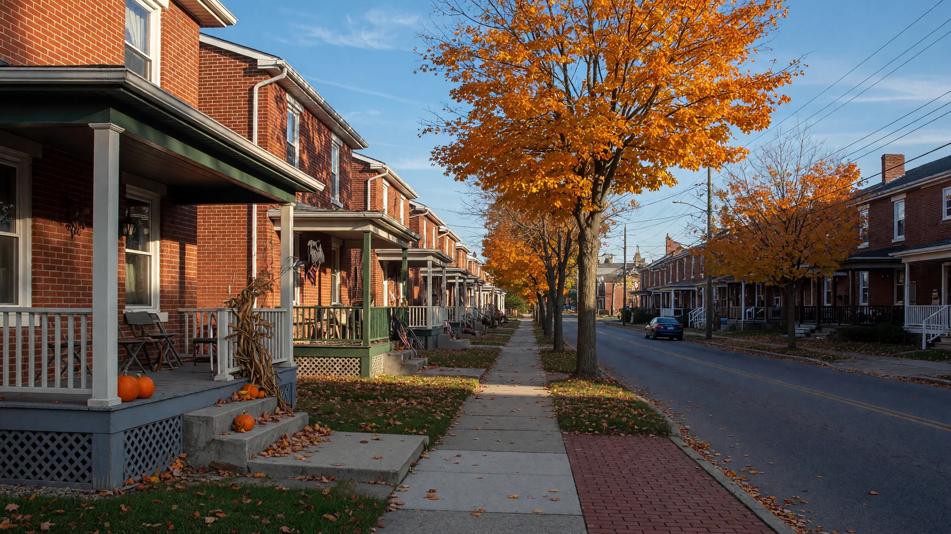 A quiet street of brick twin homes in North Catasauqua on a crisp mid-October morning, with golden maples, covered porches, and pumpkins on the steps