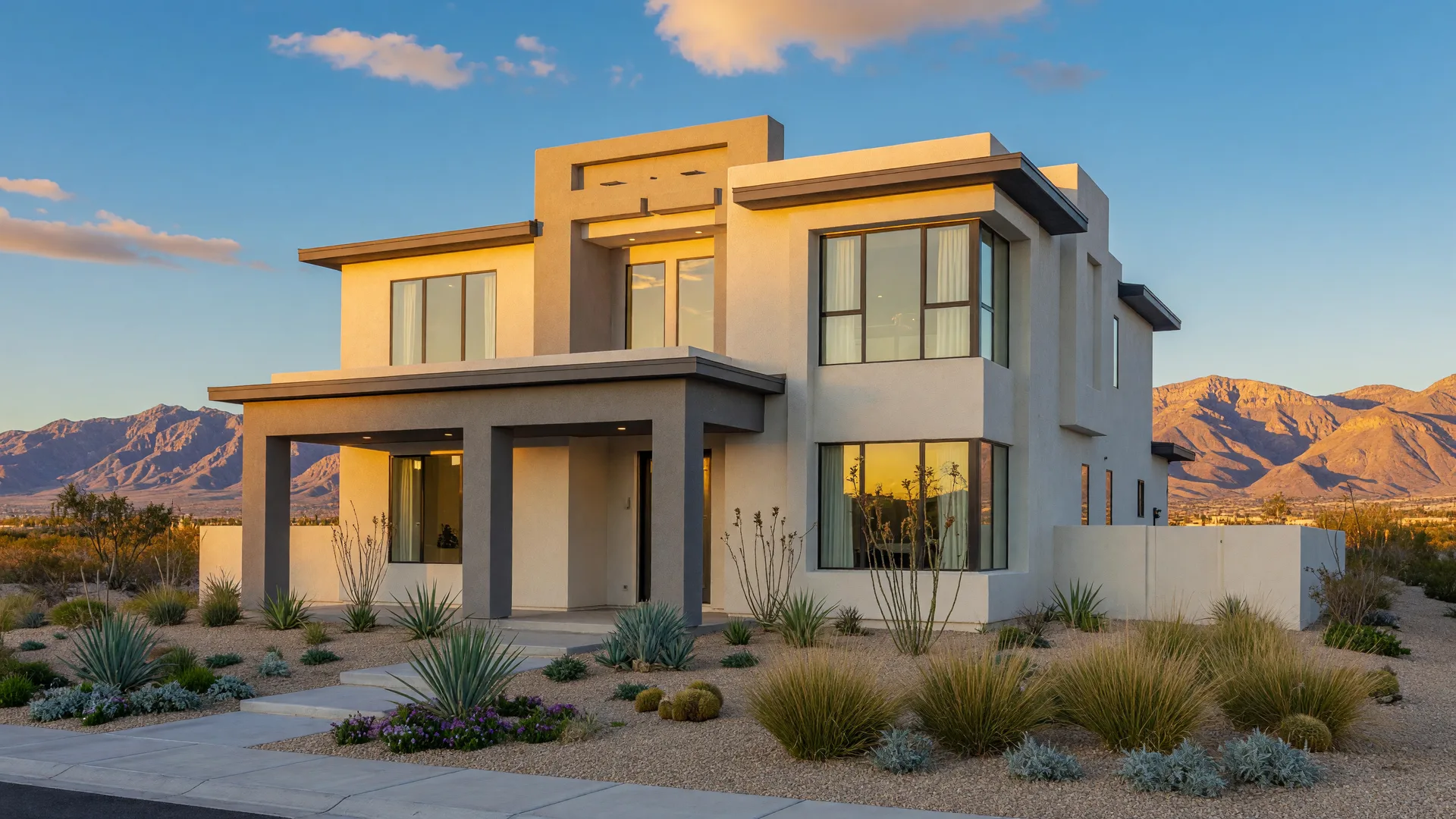 Modern two-story stucco family home with large windows and desert landscaping in a Las Vegas community