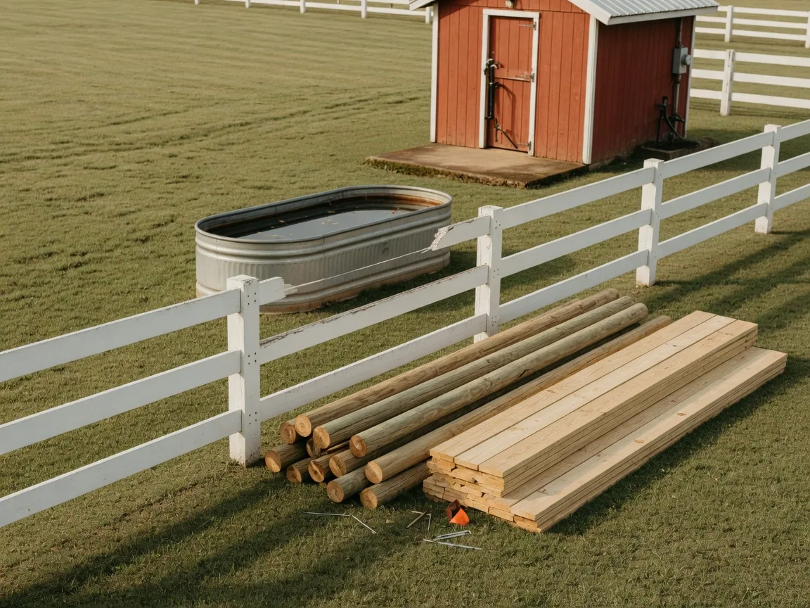 White board fencing with fresh posts and a galvanized water trough beside a pump house on an Aiken horse farm