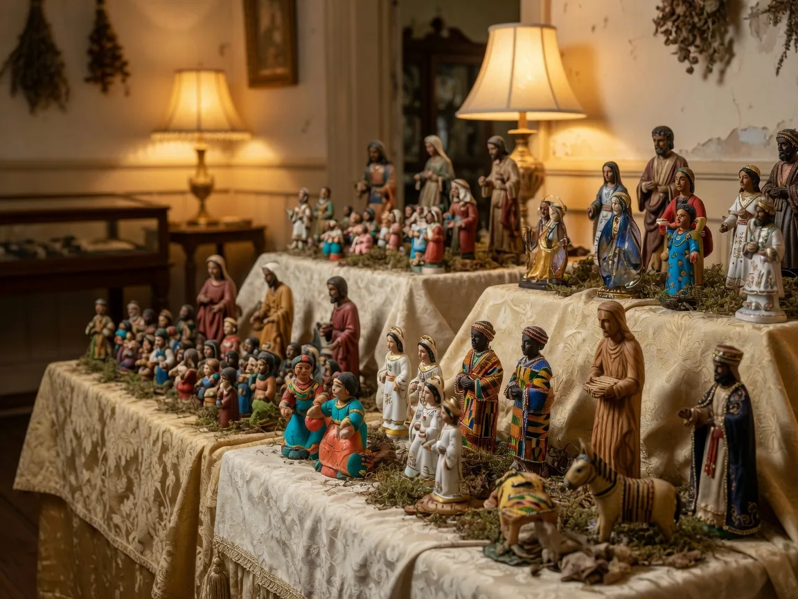 A handcrafted nativity scene display with creche figurines in wood, clay, porcelain, and fabric on draped tables in a warmly lit visitors center