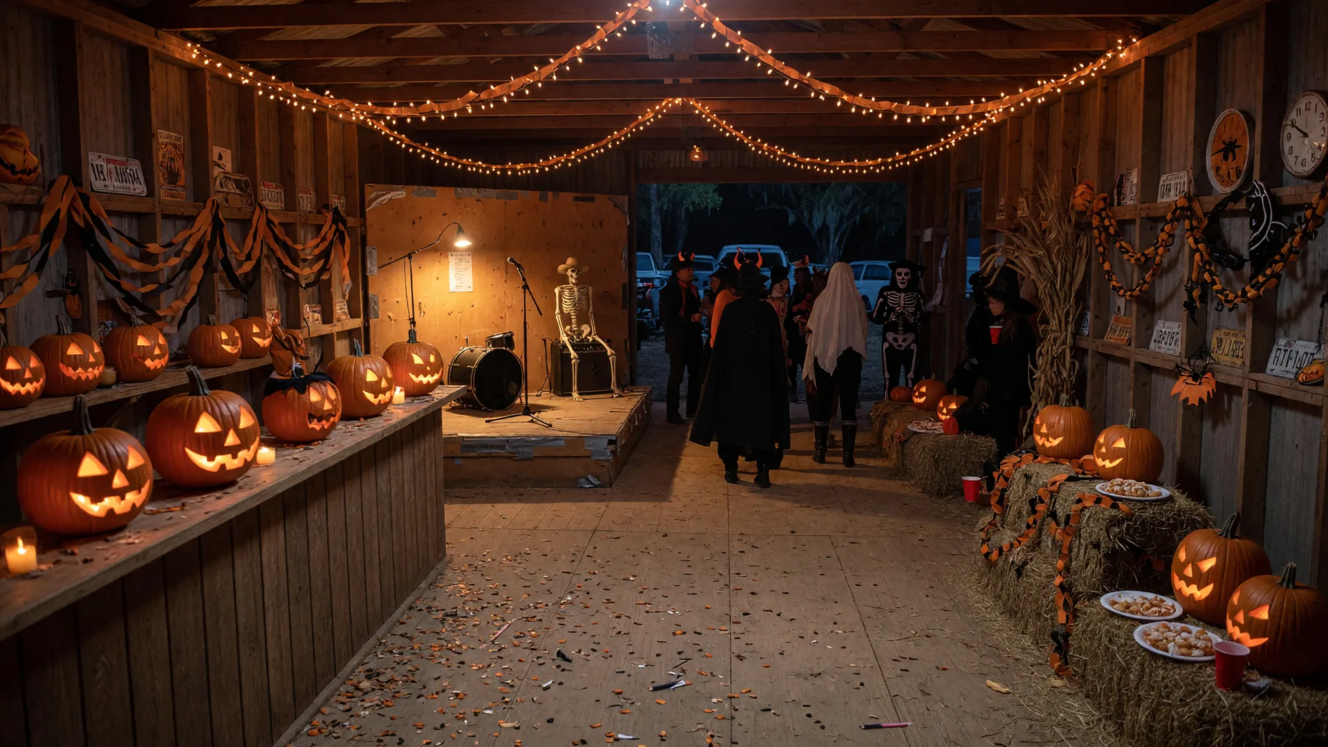 A rustic East Texas icehouse transformed for Halloween with warm string lights, a lit stage, flickering jack-o-lanterns along the bar, and hay bales