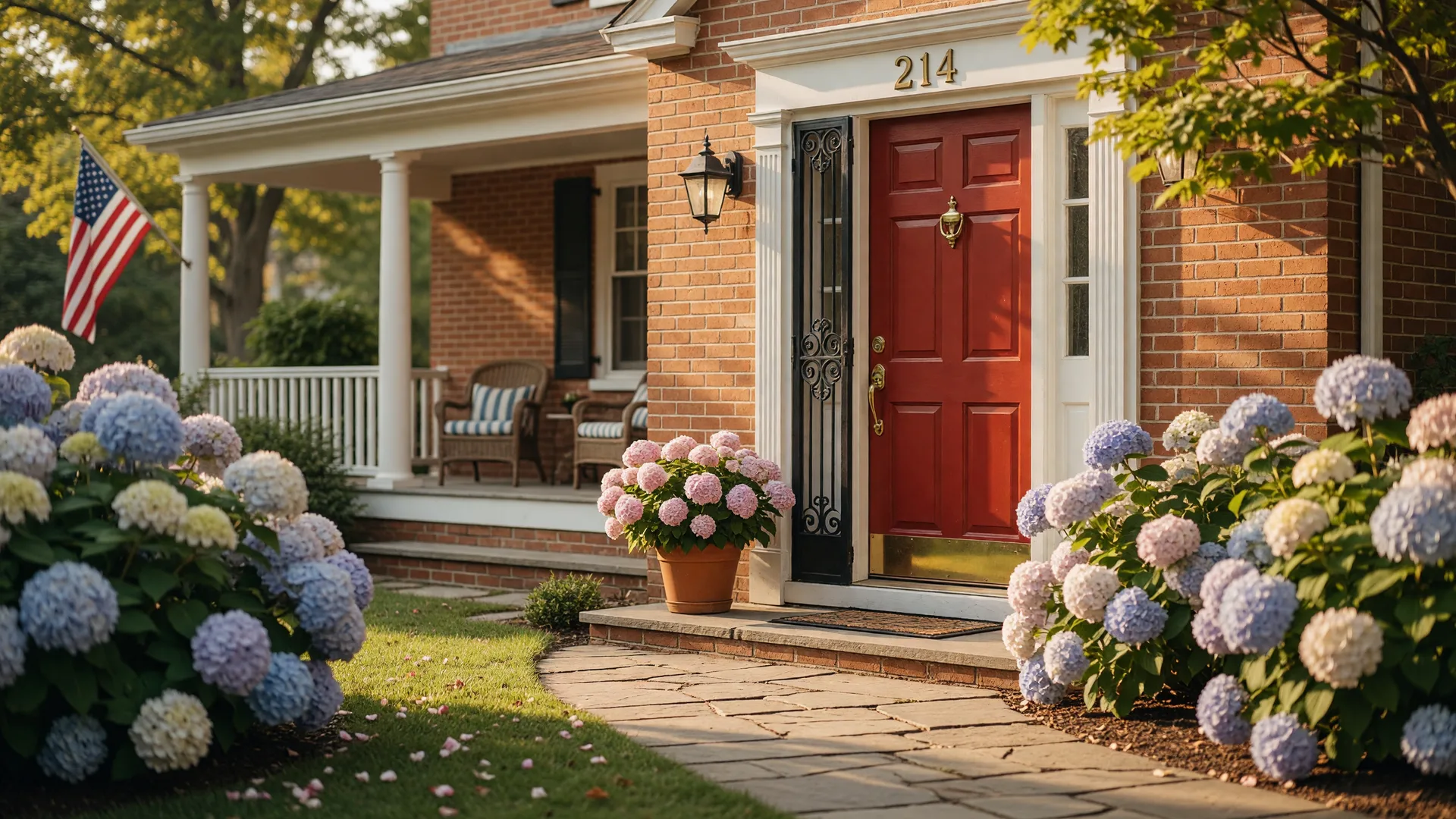 Welcoming front door of a colonial home in Burlington County New Jersey with red door and blooming hydrangeas