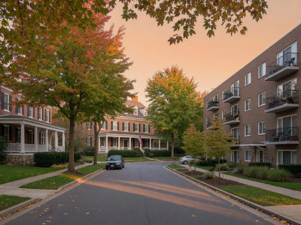 Quiet tree-lined street in the Bethesda, Maryland area at golden hour with classic brick and fieldstone colonials on one side and a low-rise brick condo building with balconies on the other, early-autumn maples overhead