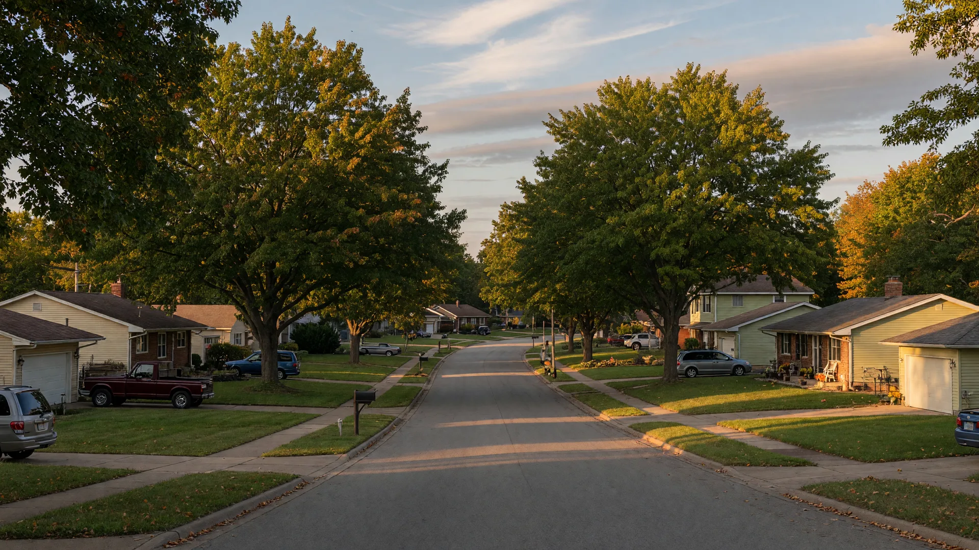 Tree-lined residential street in a Kansas City Northland neighborhood in early September with early fall color
