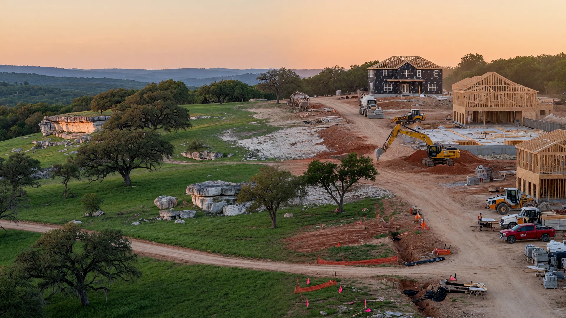 Split view of Texas Hill Country landscape transitioning from natural rolling hills to active new development and construction growth in the Boerne area.