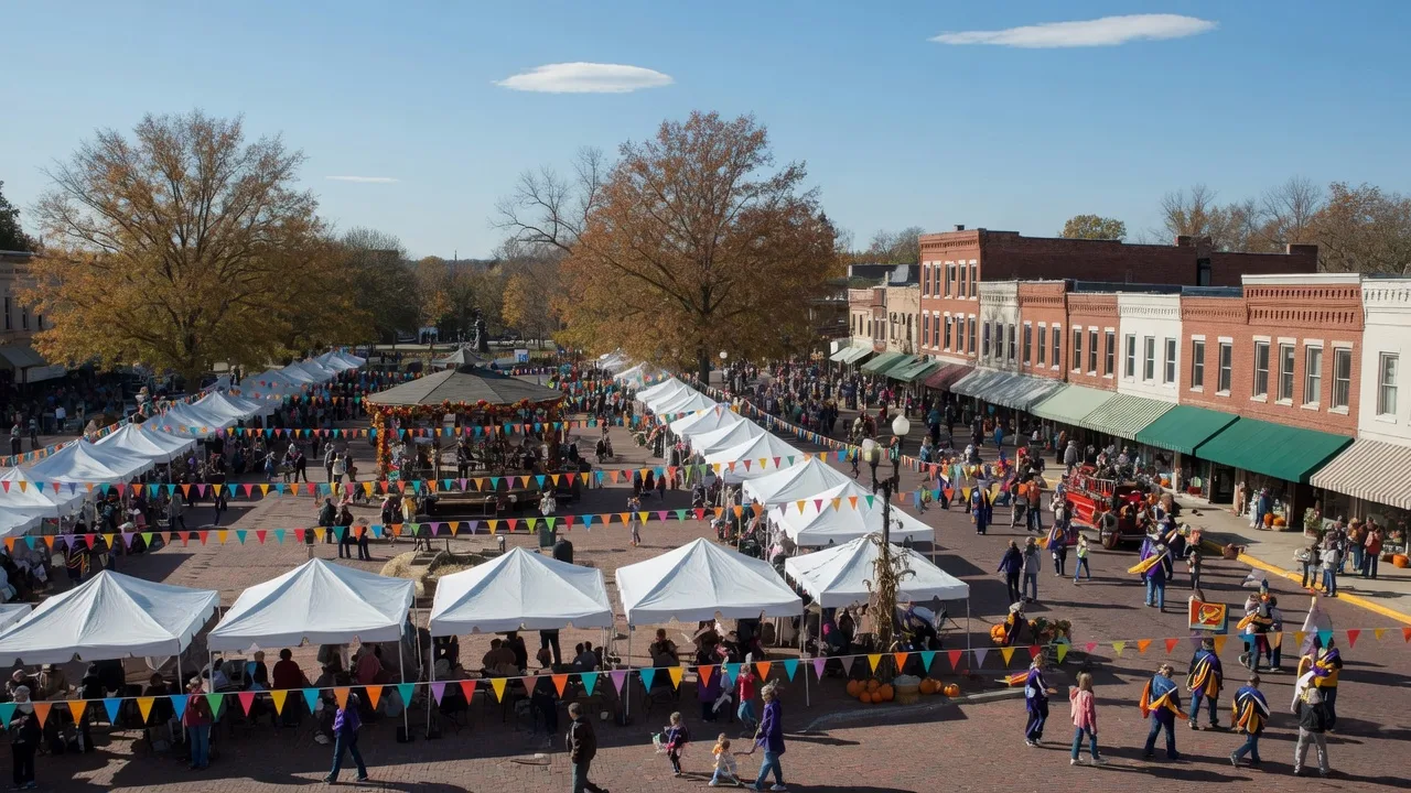 A daytime community festival with white event tents, flags, and a bandstand on a historic downtown plaza in autumn