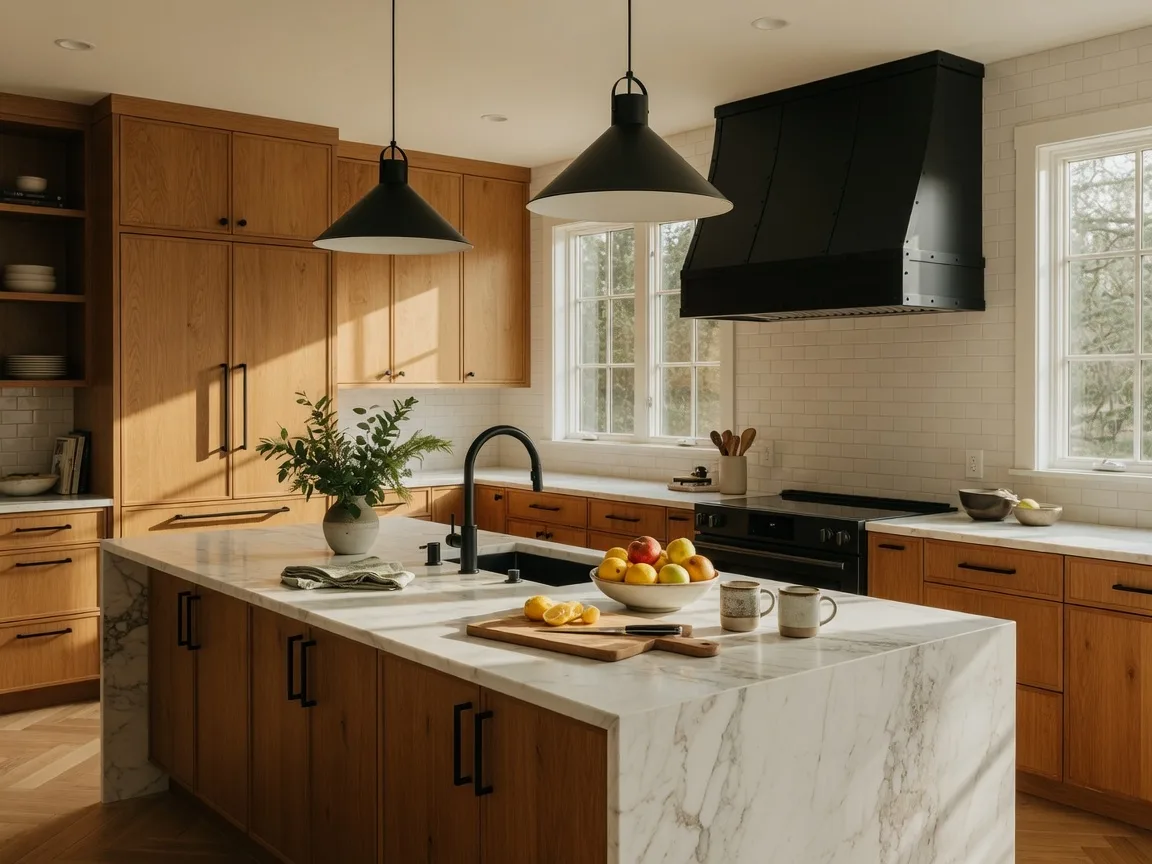 Modern kitchen with matte black fixtures and a marble island in a Southern Oregon home