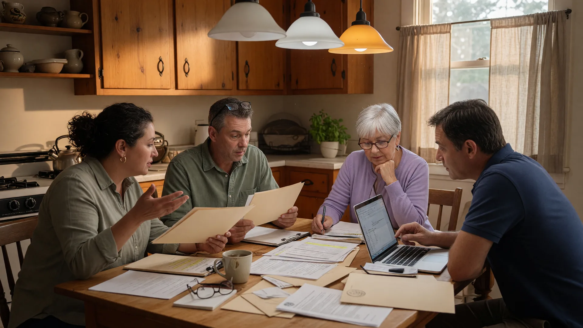 A multi-generational family discussing estate decisions at a kitchen table