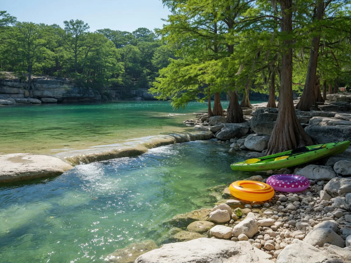 Spring-fed turquoise swimming hole with cypress trees near New Braunfels