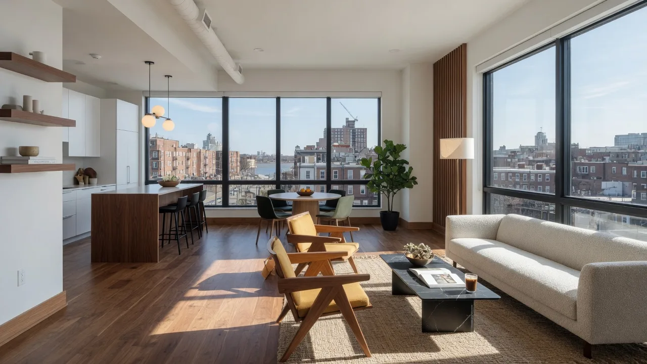 Modern boutique condo interior with large windows in Fitler Square