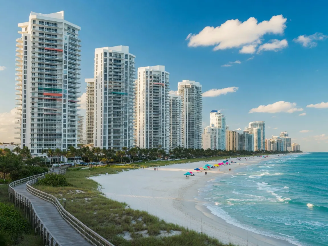 White oceanfront condominium towers above a wide stretch of white sand, with turquoise waves in bright morning light