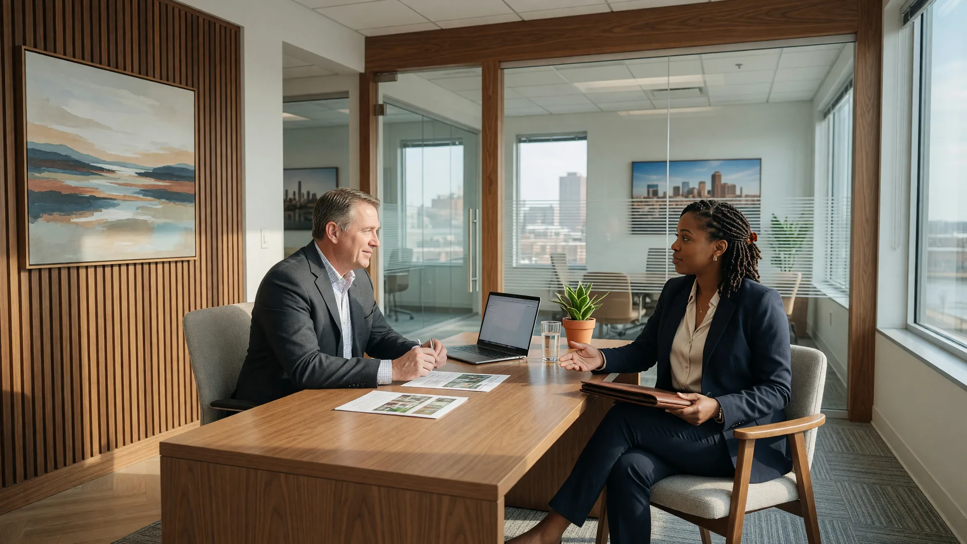 A real estate agent in a professional job interview with a broker in a modern Dayton Ohio office