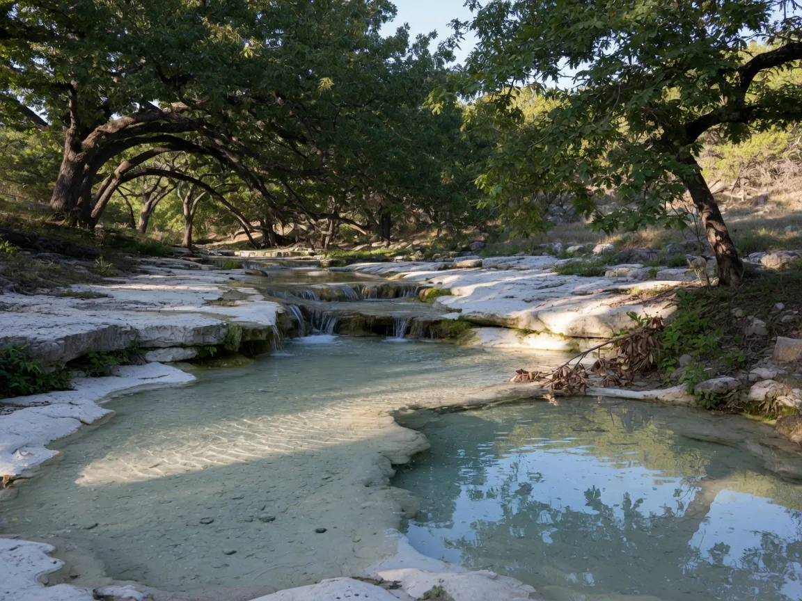 Salado Creek flowing over white limestone ledges beneath oak and pecan shade in the Hill Country
