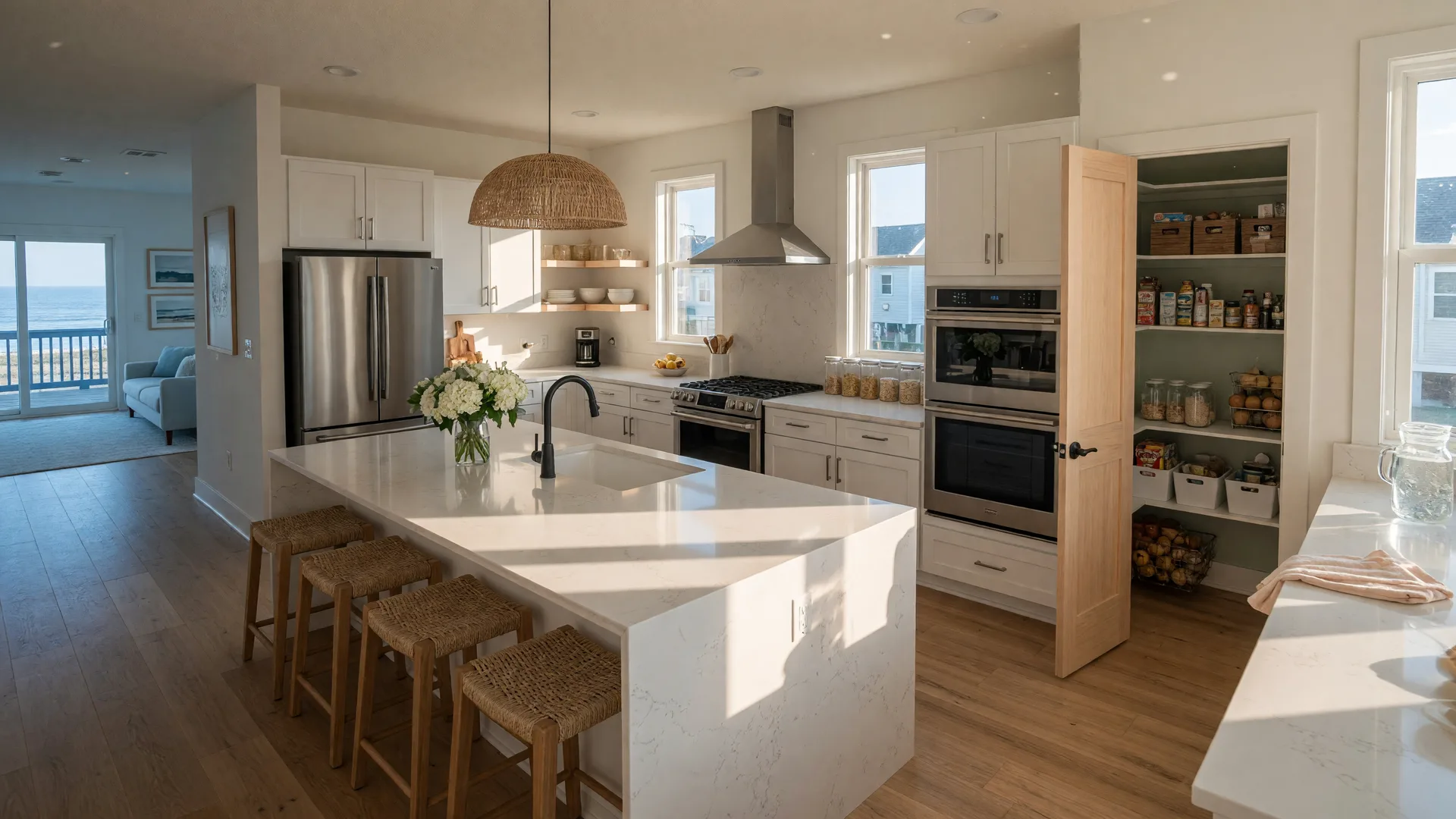 A bright modern open-concept kitchen with quartz countertops, a large island, and a walk-in pantry
