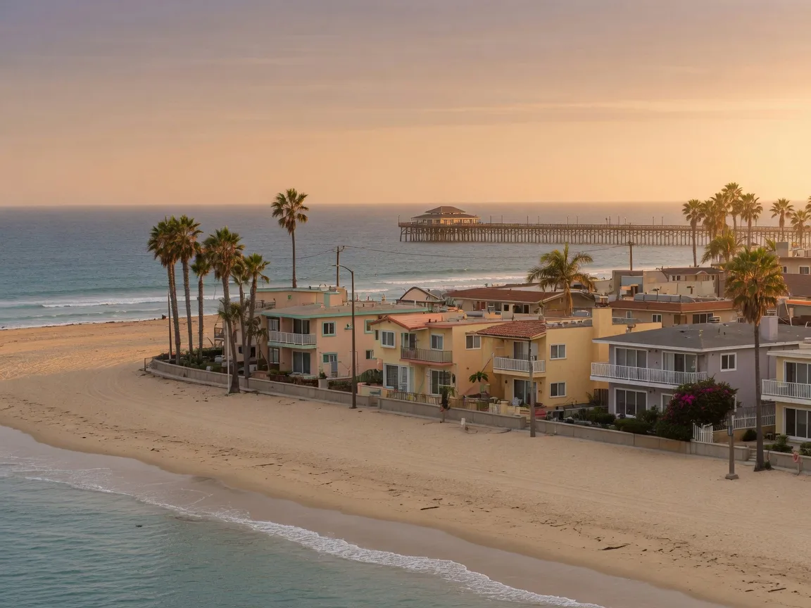 Palm-lined oceanfront homes and low-rise condos along Seacoast Drive in Imperial Beach at golden hour, with the pier in the distance