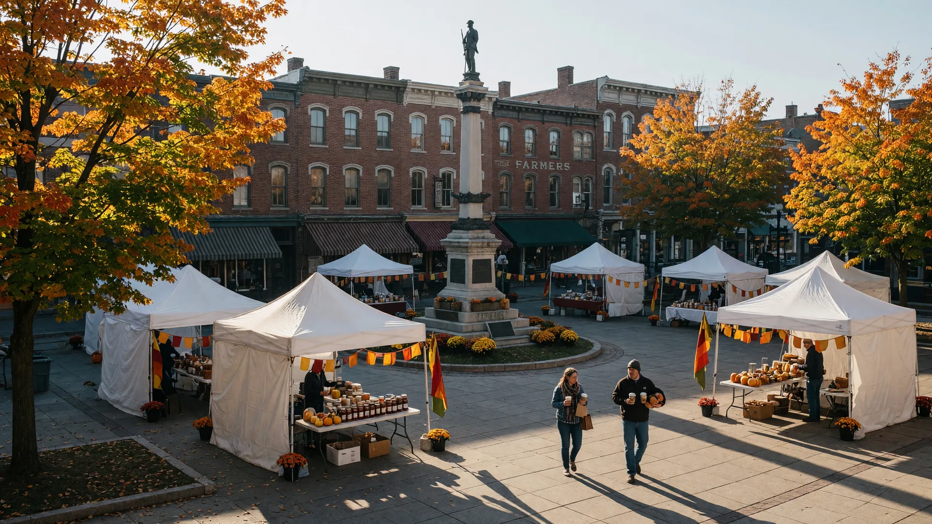Centre Square in downtown Easton on a crisp October morning, white festival vendor tents ringing the Soldiers and Sailors monument with historic brick buildings and turning trees behind them