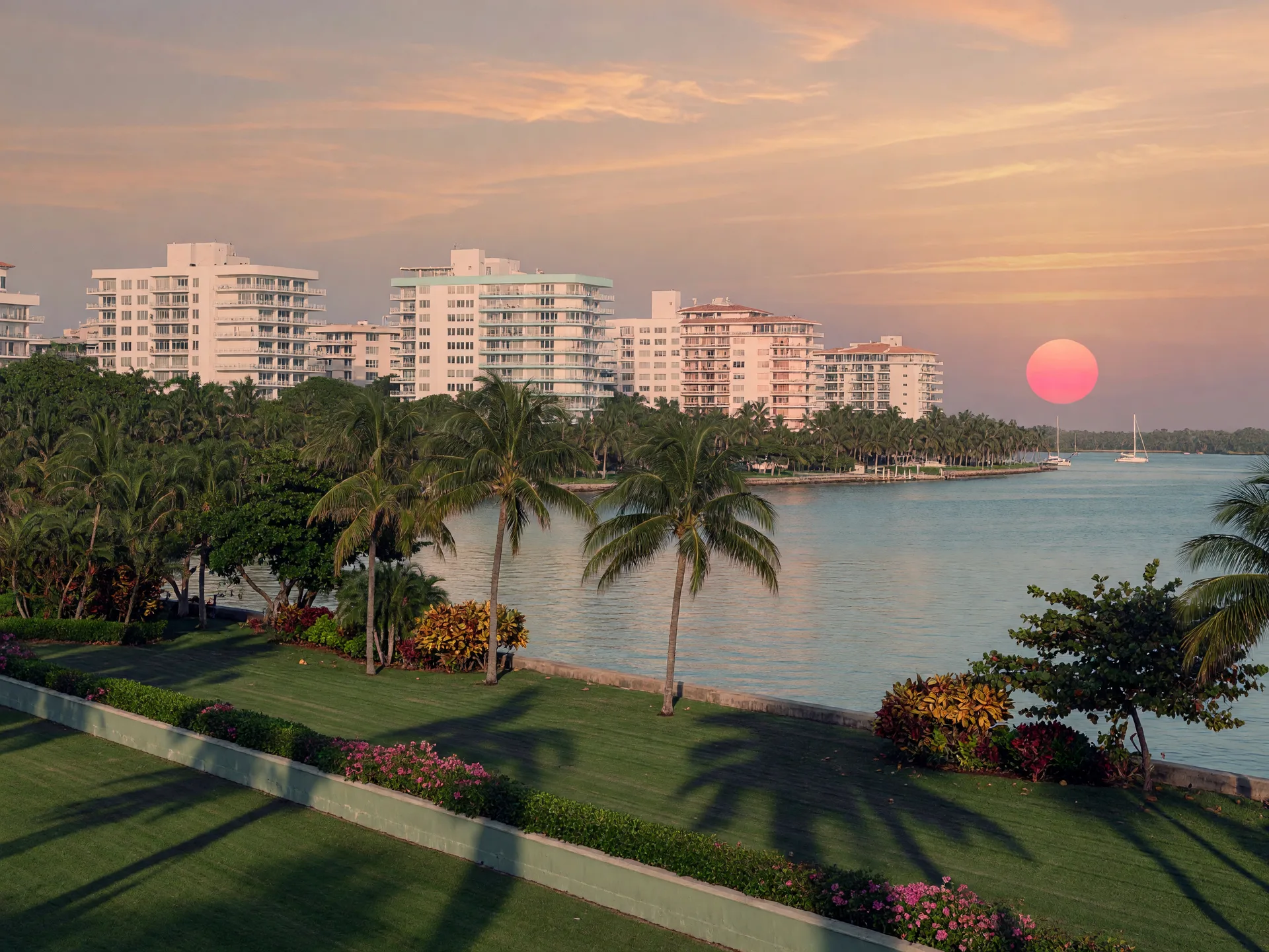 Bal Harbour's bayfront at sunset, a green seawall park with palms and white luxury towers above calm turquoise water