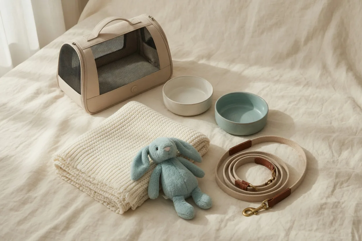 Pet essentials for moving, from food and water bowls to familiar comforts, styled as an editorial product photograph
