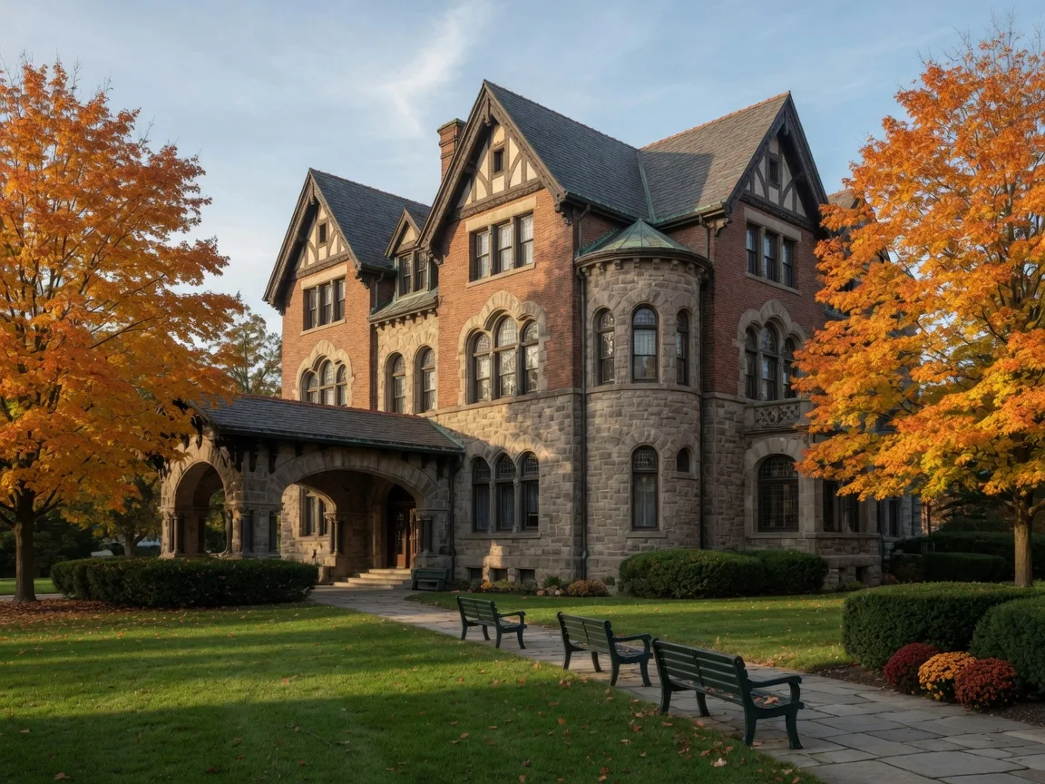 The 1914 Tudor-Romanesque Hayner mansion in Troy, Ohio on a crisp mid-October afternoon, a stately stone and brick mansion with steep gables and arched windows set among maples turning orange and gold on a manicured lawn