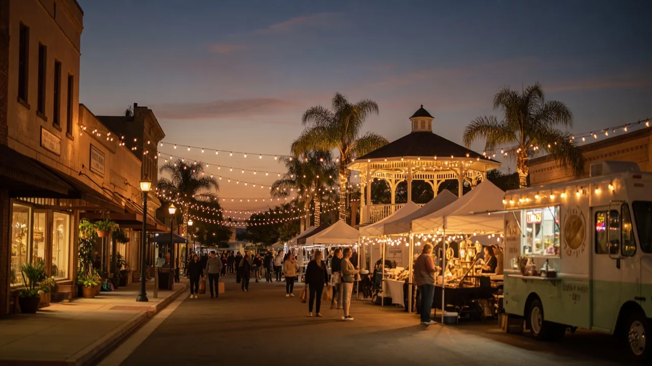 A warm Murrieta Market Nights evening in historic Downtown Murrieta with vendor stalls, string lights, and Old Town storefronts