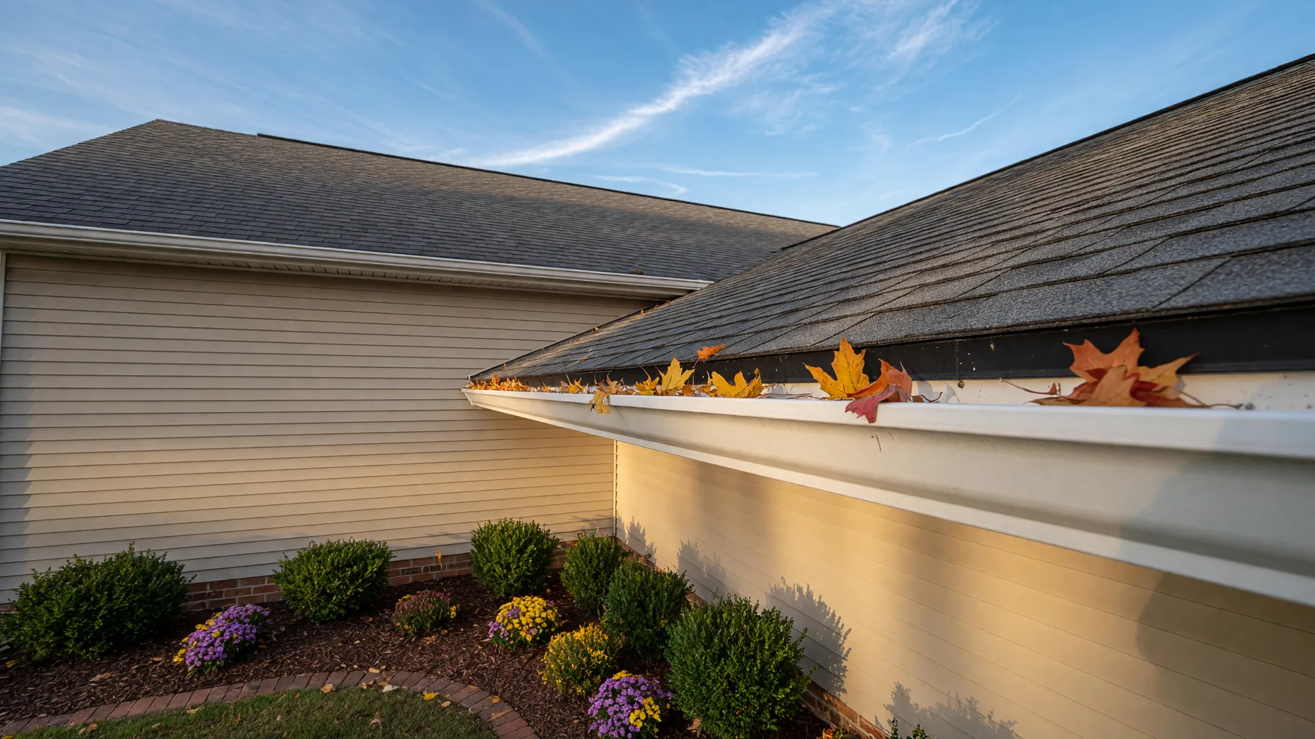 Roofline and gutter edge of a well-maintained suburban North Carolina home on a crisp early autumn day