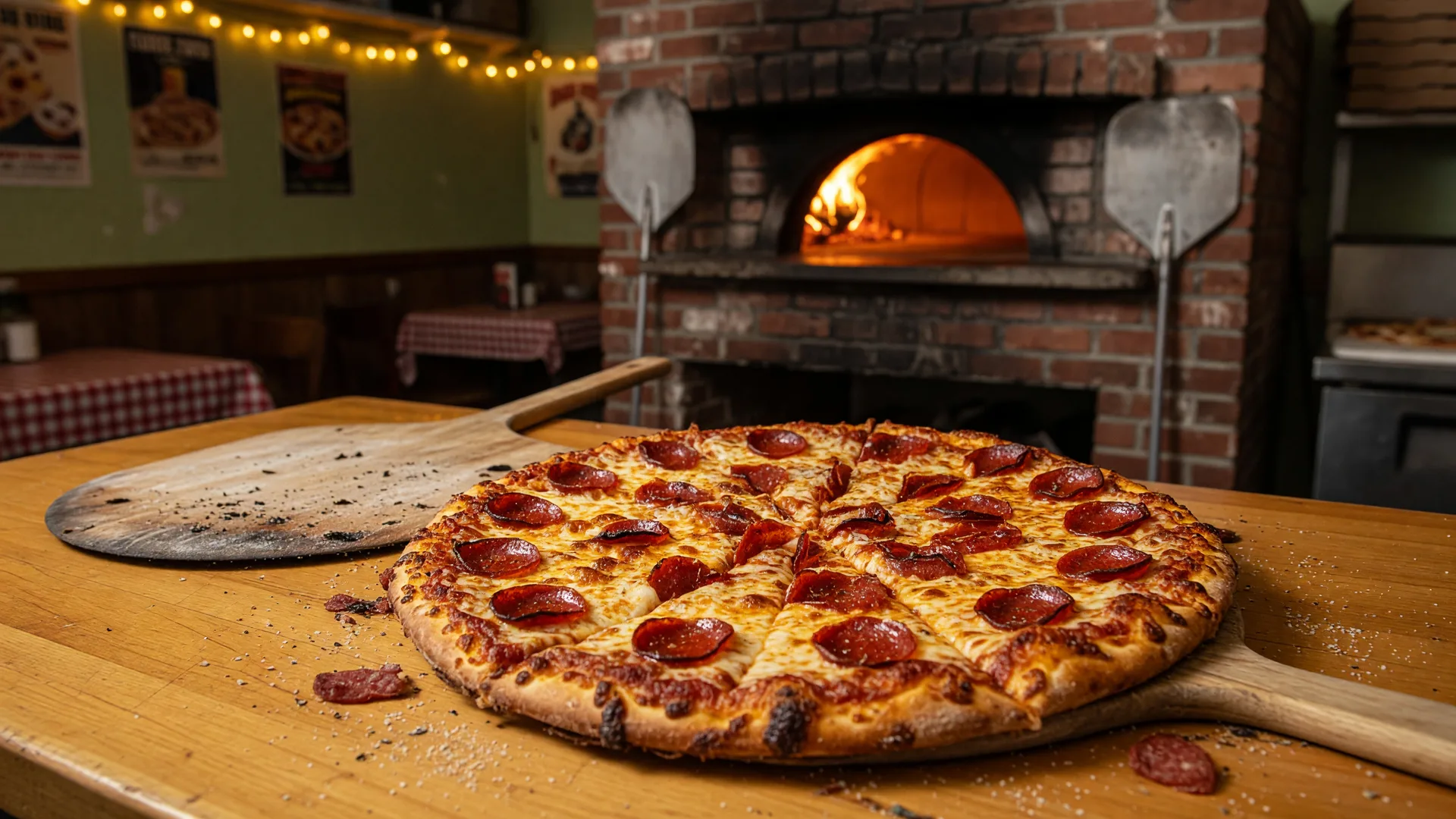 A freshly baked pepperoni pizza with golden crust on a wooden table inside a neighborhood pizzeria