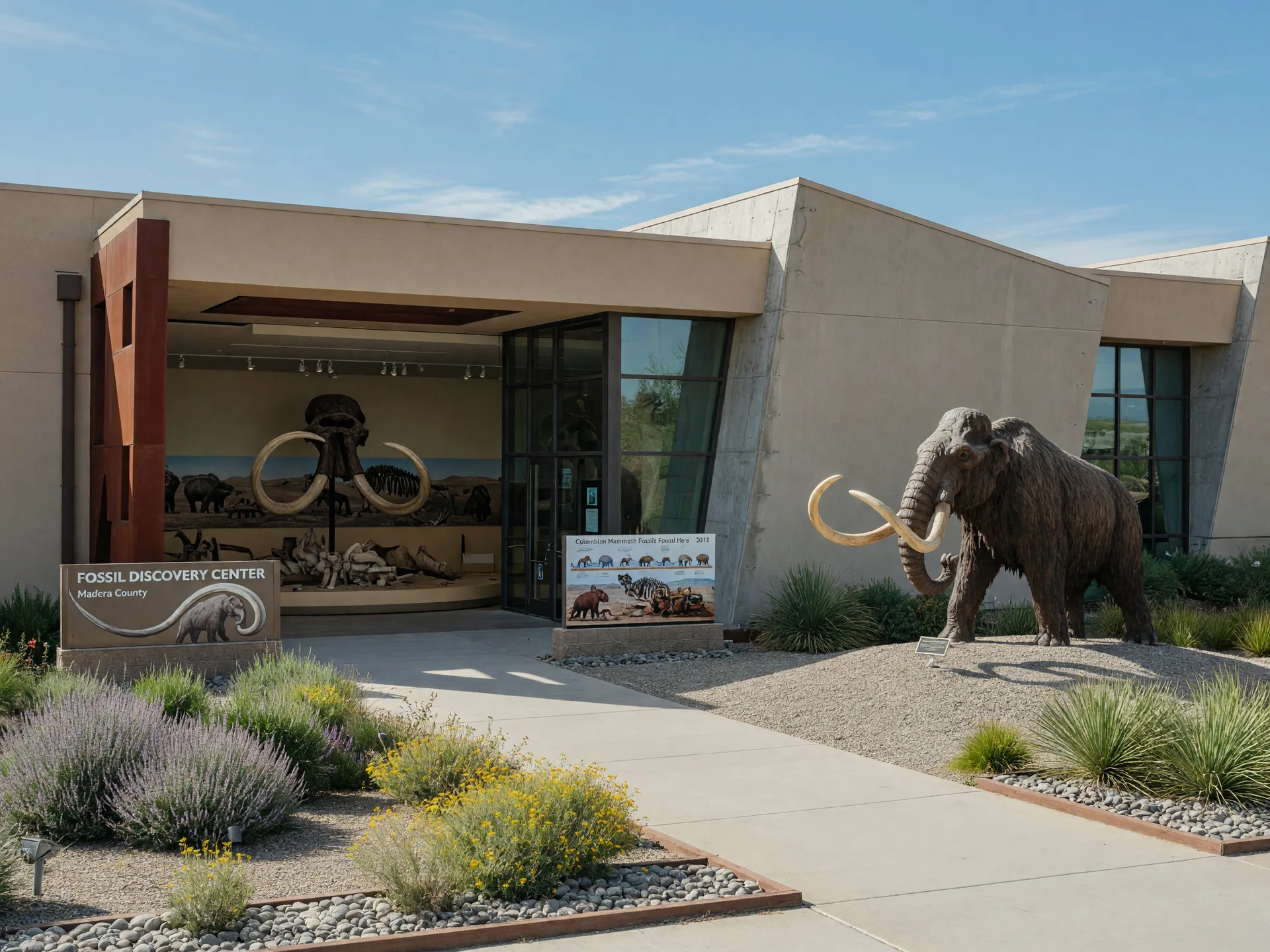Fossil Discovery Center of Madera County in Chowchilla, California, a modern museum building with paleontological exhibits including Colombian Mammoth fossils, landscaped grounds, and blue skies