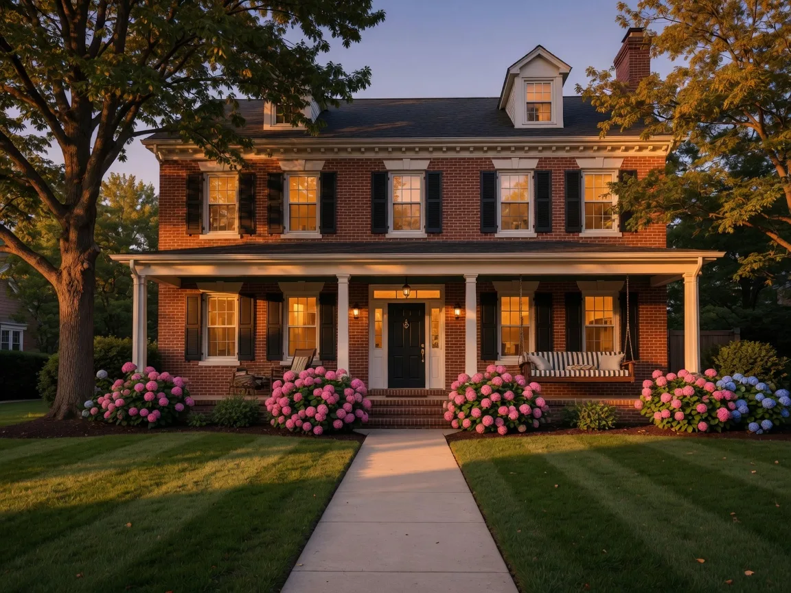A brick colonial home in Northern Virginia at golden hour with warm lights in the windows and a covered front porch