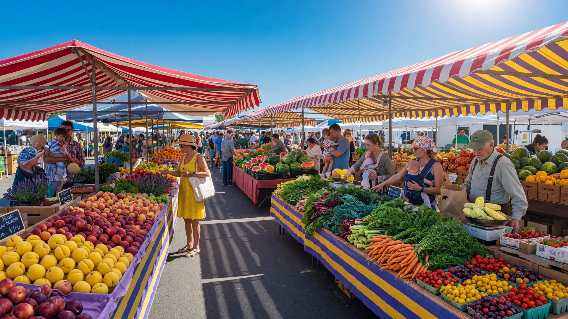 Merced Certified Farmers Market on a bright summer morning with customers browsing colorful fresh produce stands under a blue sky