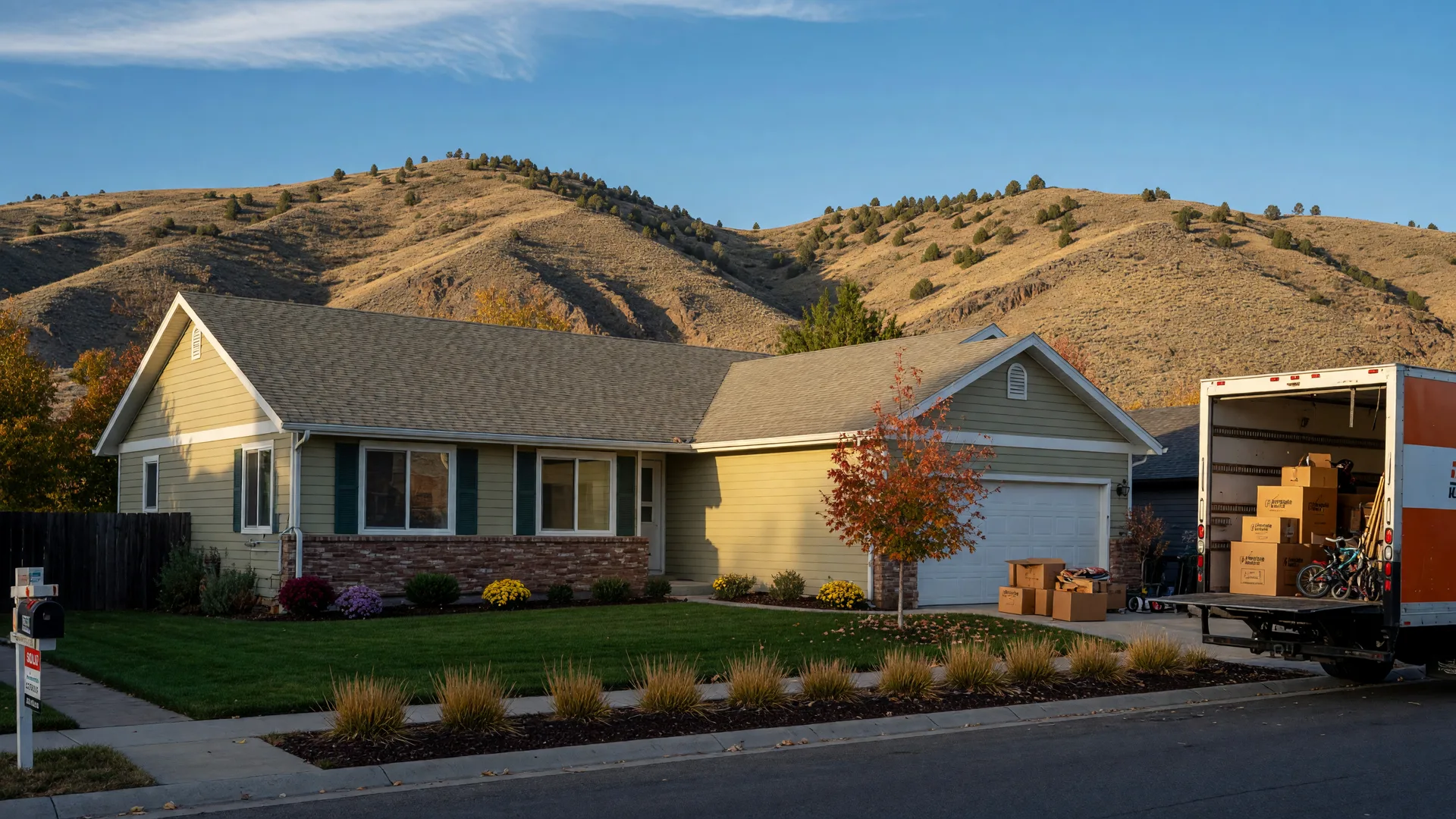 A well-maintained home in a Boise foothills neighborhood with a moving truck at the curb