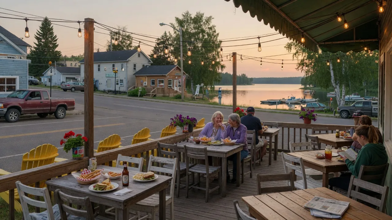 A small-town Minnesota restaurant patio with string lights and wooden tables in the evening in Pequot Lakes