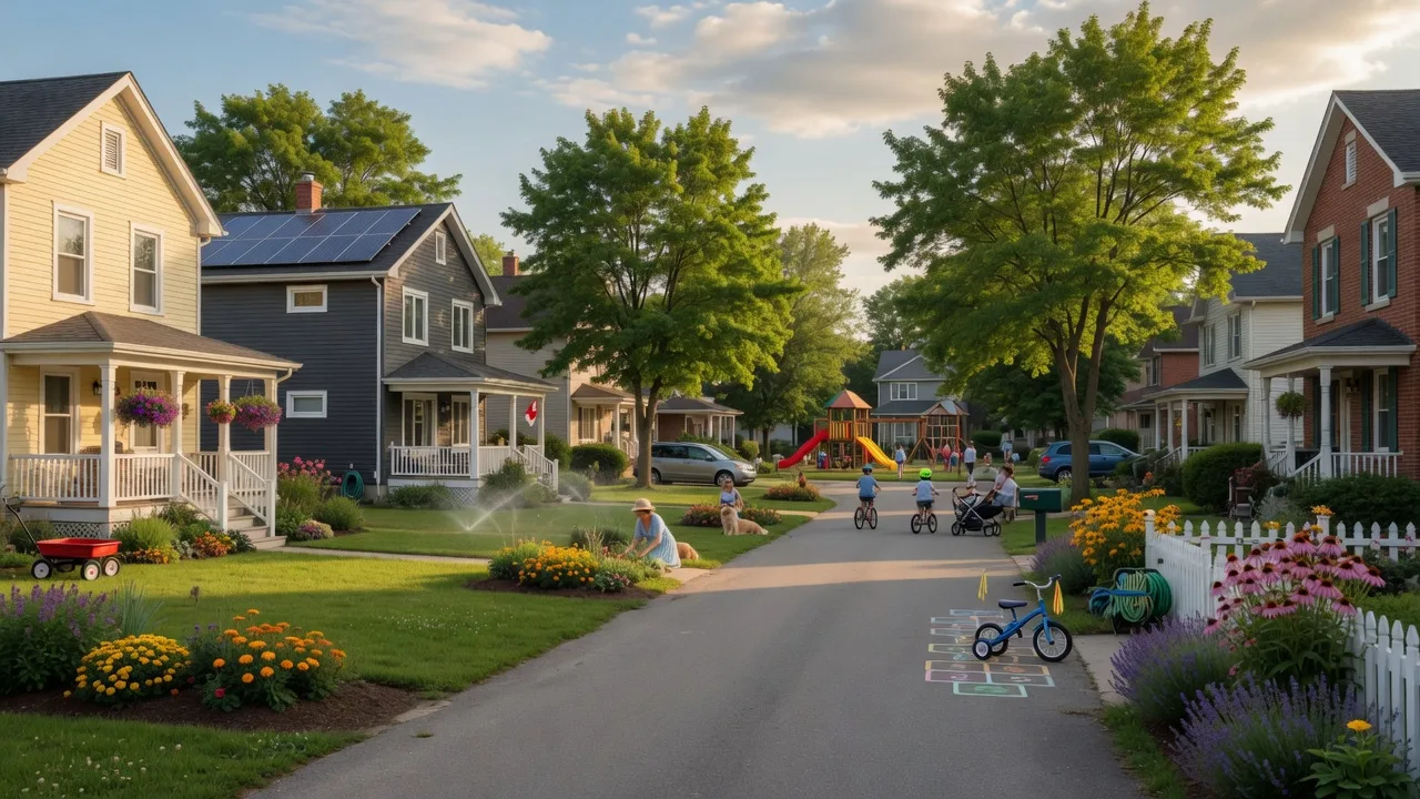 A tree-lined family-friendly neighbourhood street in a Durham Region community