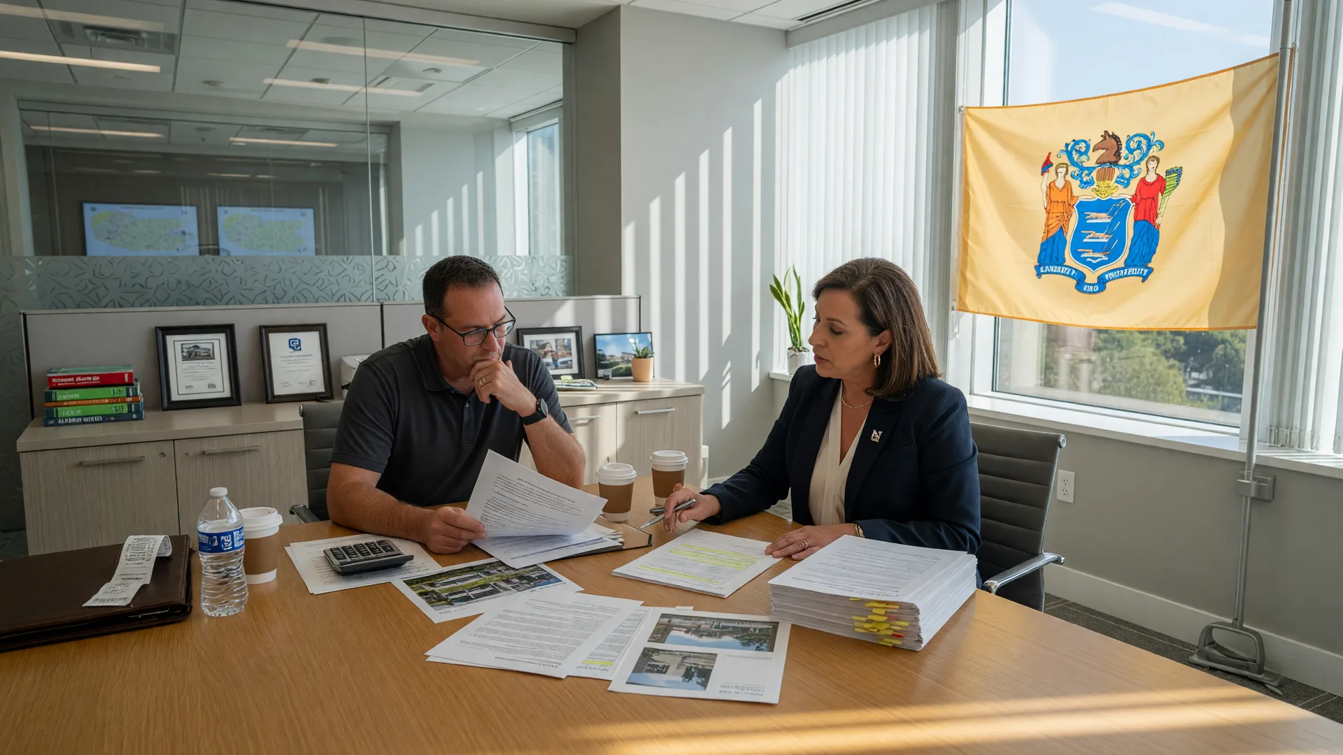 Real estate agent and client reviewing a contract at a conference table with a New Jersey state flag