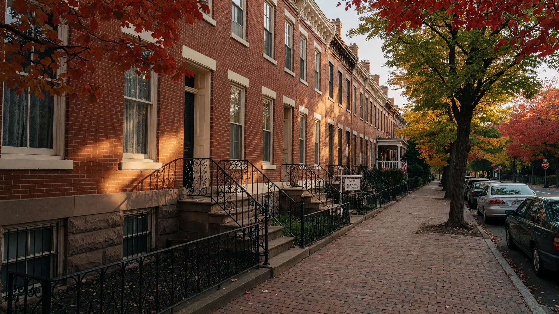Brick rowhouses on a tree-lined street in the Capitol Hill neighborhood of Washington DC in early autumn with red and gold maples, warm late-afternoon light, and a For Sale sign in front of one home