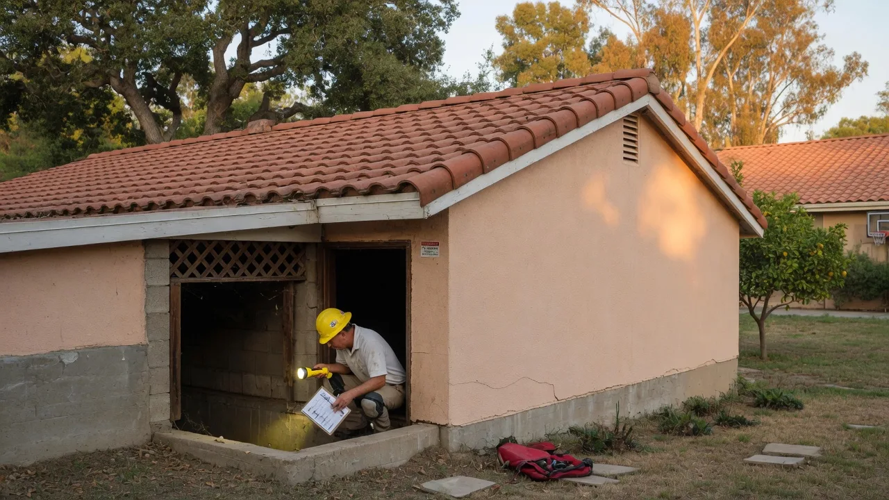 Home inspector examining the foundation of a single-story stucco house in a Northern California suburban setting