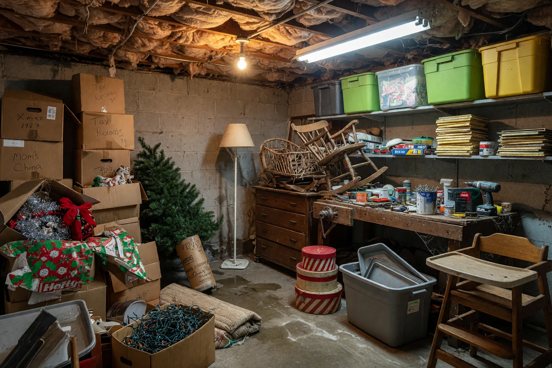 Cluttered older basement in a Maryland probate home before the managed cleanout