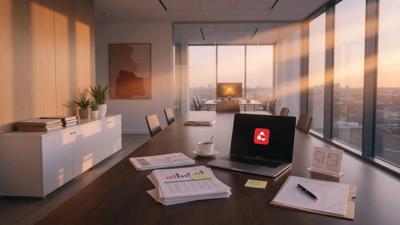 Modern real estate office with laptop and documents on a conference table at golden hour representing Redfin savings and transparency