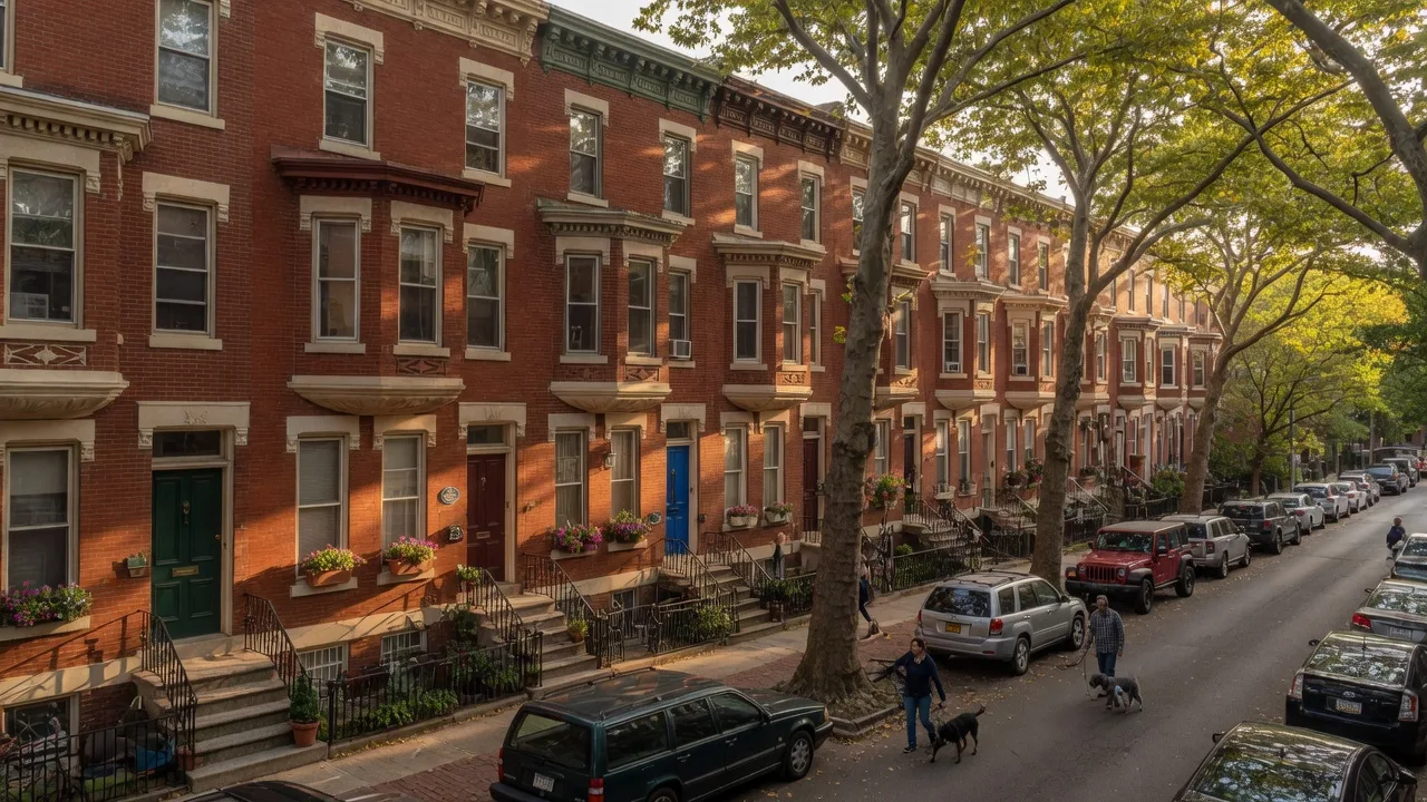 Historic Victorian brick rowhouses on a tree-lined street in Fitler Square