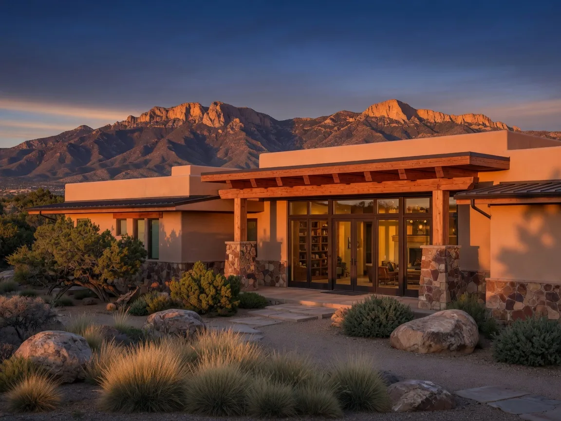 A contemporary Southwestern custom home in the Albuquerque foothills at golden hour, with the Sandia Mountains behind