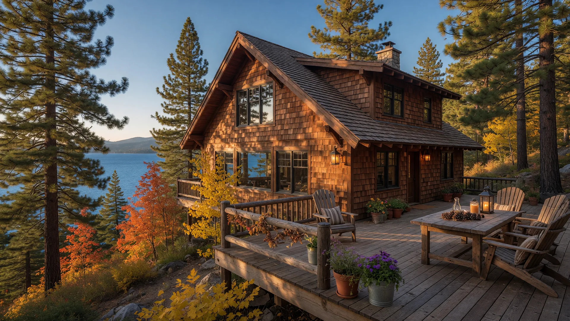 A rustic cedar chalet vacation home on a forested Lake Tahoe hillside in early autumn with a deck looking toward the lake between tall pines.