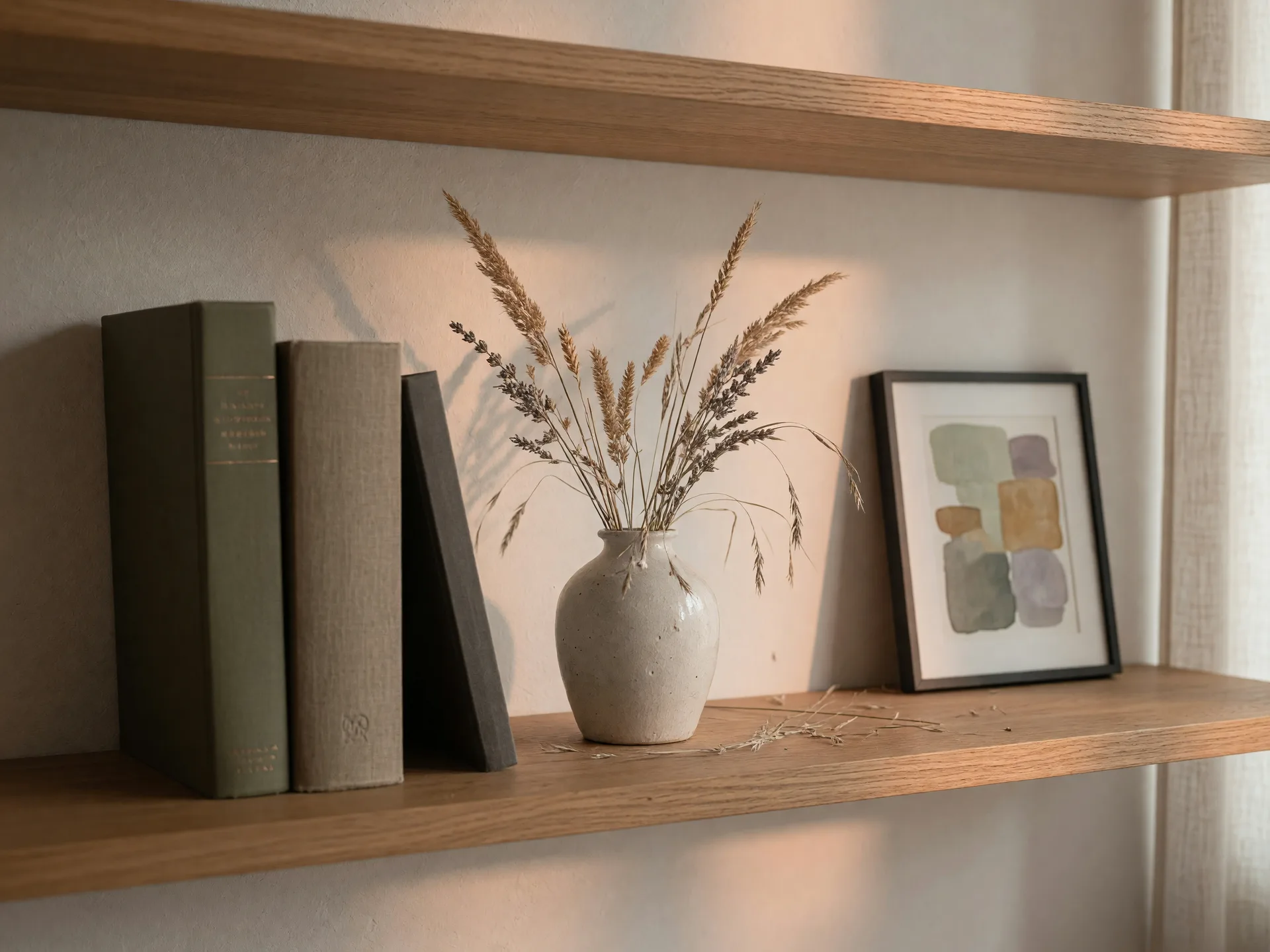 A therapist's study shelf with hardcover books, a ceramic vase, and a framed print in soft window light